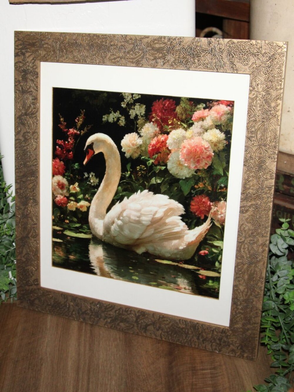 Dark Moody French Swan & Floral Wall Decor Picture in VTG Gold Frame